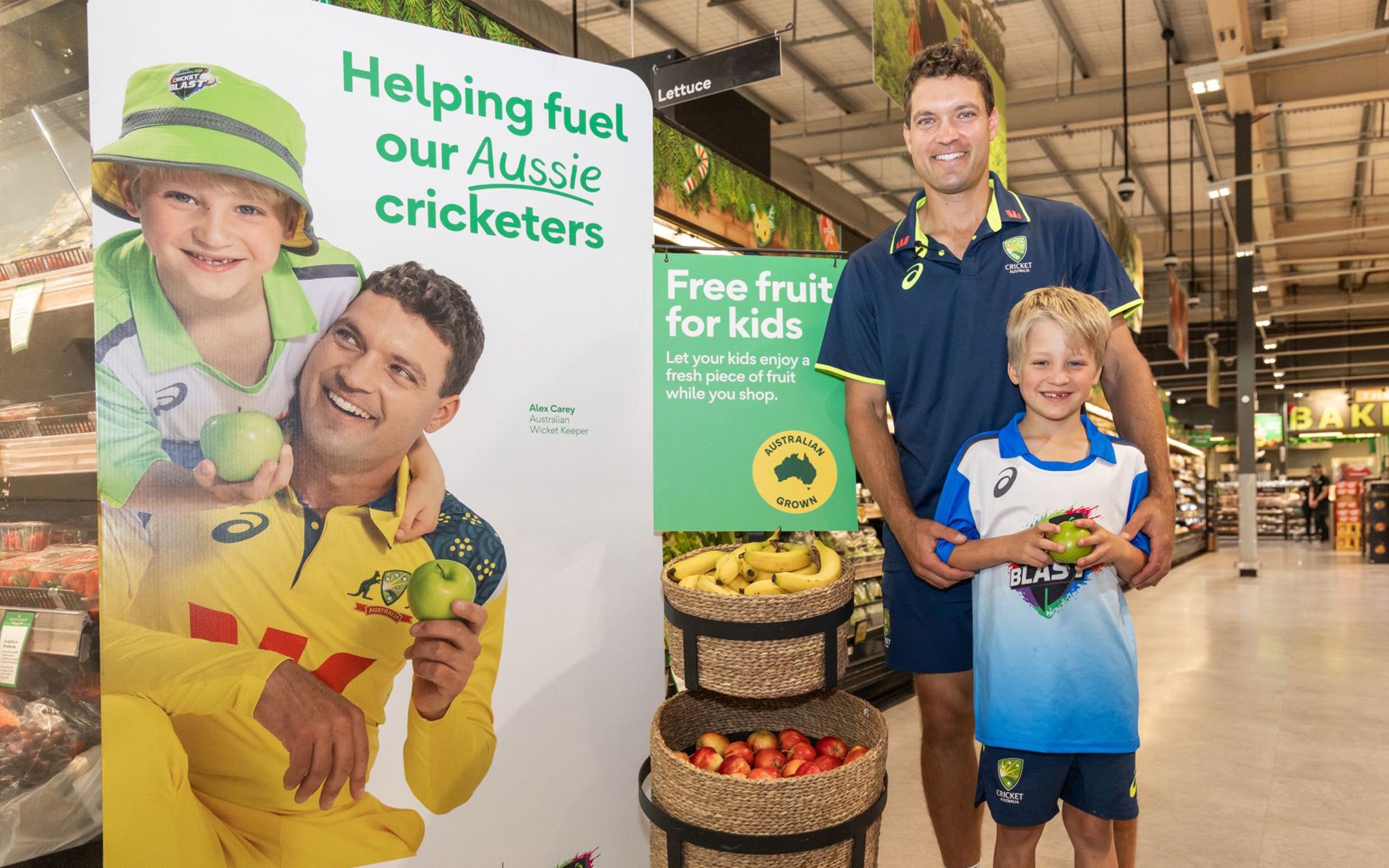Alex and his son, free fruit for kids